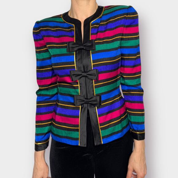 Vintage 80s Adrianna Papell Striped Blazer‎ with Bows - Picture 4 of 9